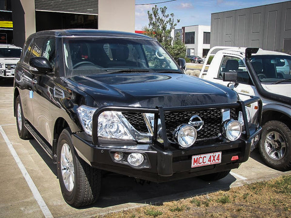 Patrol Y62 Series 1-4 2012-2018 707-02 Falcon Bull Bar Black A-Frame Package (LED Foglight) - SKU MCC-03005-702FOGUP