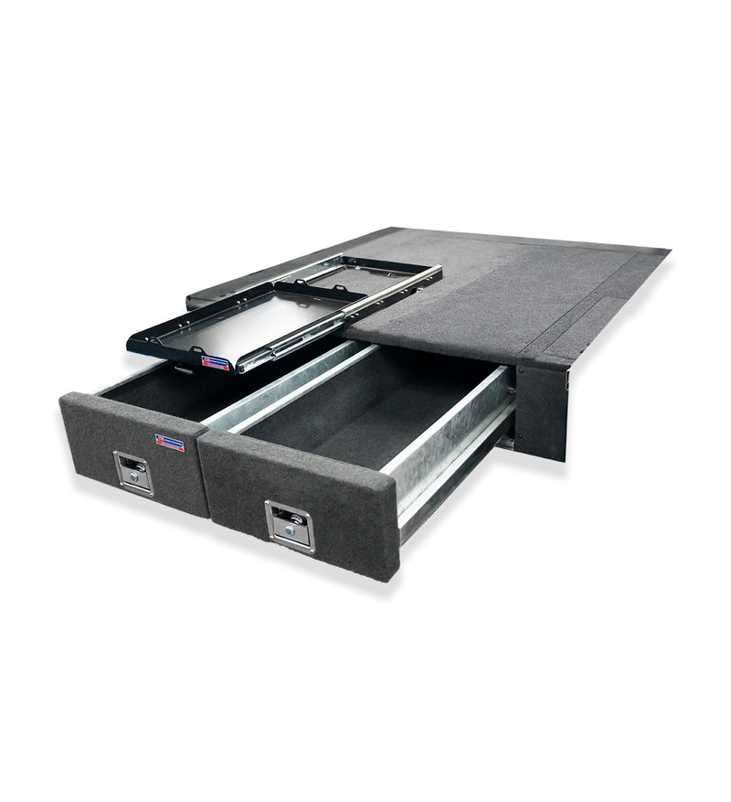 Toyota Hilux 1997-2004 4402 Galvanised Steel Carpet Dual Drawer System with Small Fridge Slide Package - SKU MCC-01001-4402S